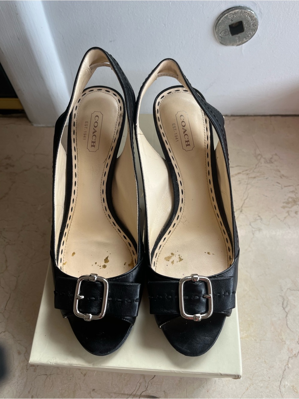 COACH Black Leather Peep-Toe Slingback Heels with Buckle - Picture 2 of 4